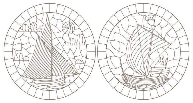 A set of contour illustrations of stained glass Windows with old sailing ships, dark contours on a white background, oval images