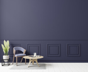 Interior with dark blue wall  chair and wooden floor, empty wall for copy space. Art deco style - 3d rendering.-