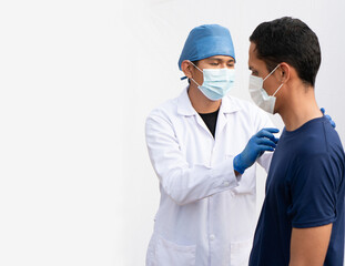 Fototapeta premium doctor and patient during vaccination campaign on Latin america, hispanic people flu