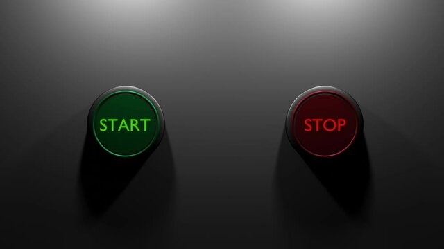 Metallic start and stop buttons glowing.Looped 3D rendering animation. Glossy buttons on empty background for copy paste text.