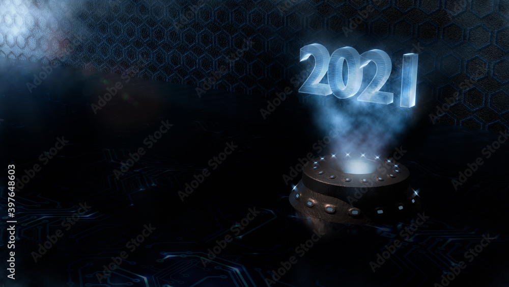 Poster close up, futuristic technical environment with hologram of number 2021. technical concept for count