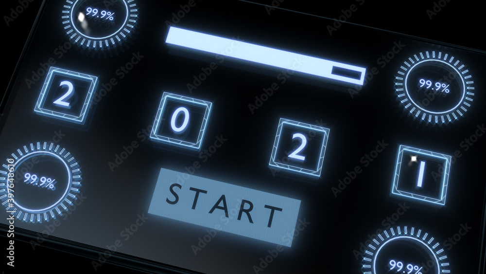 Poster close up, futuristic glass screen with progress bar and number 2021. technical concept for countdown