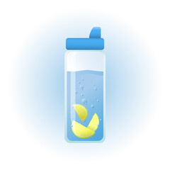 Detox sparkling water with lemon in glass sport bottle. Gradient - style isolated vector illustration in blue hues.
