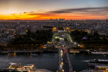 Aerial view of Trocadero and La Devense in Paris at sunset