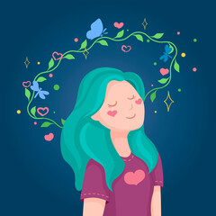 Dreamy hopefull girl with blue hair smiling. With nature elements and hearts. Poster of card about relaxation, happyness.Flat vector illustration.