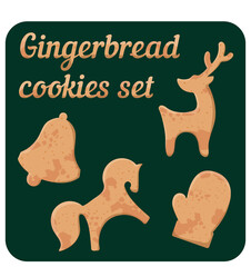 Gingerbread cookies set isolated.  Christmas vector decoration elements for illustration, card, banner and holiday background - baked horse and deer toys, bell, mitten.