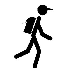 Isolated black sign of person with cap and backpack. Go hiking into nature. Simply icon for maps and traveling app.