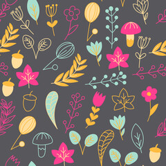 Vector floral pattern with flowers and leaves. Gentle, spring background.