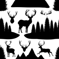 Seamless pattern Reindeer horns mountains trees silhouettes vector illustration