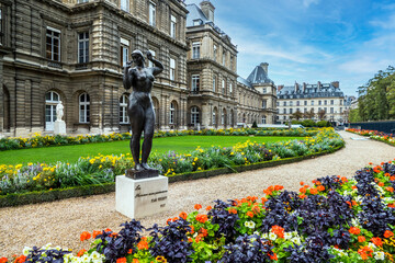 The beautiful Gardens of Luxembourg with colored flowers in Paris