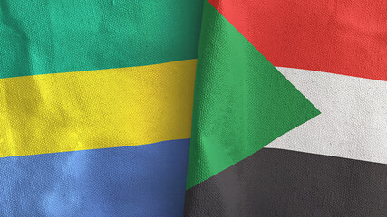 Sudan and Gabon two flags textile cloth 3D rendering