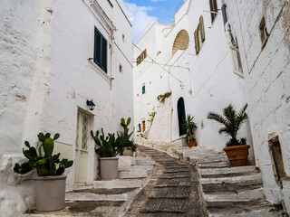 Fototapeta na wymiar Ancient cobblestone alley with traditional white houses in Ostuni, Apulia region, southern Italy 