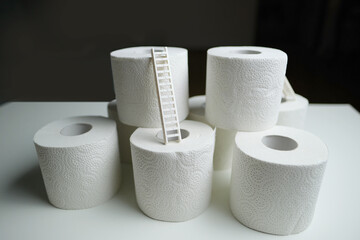 many rolls of white toilet paper stacked, stairs connect them, business concept based on basic needs of people