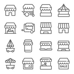 Market, Kiosk icon illustration vector set. Contains such icons as market store, shop, store, stand,  and more. Expanded Stroke