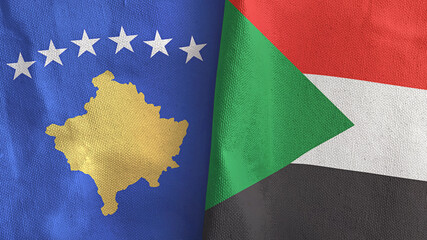 Sudan and Kosovo two flags textile cloth 3D rendering