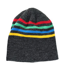Warm woolen knitted hat with colored stripes isolated on white background.