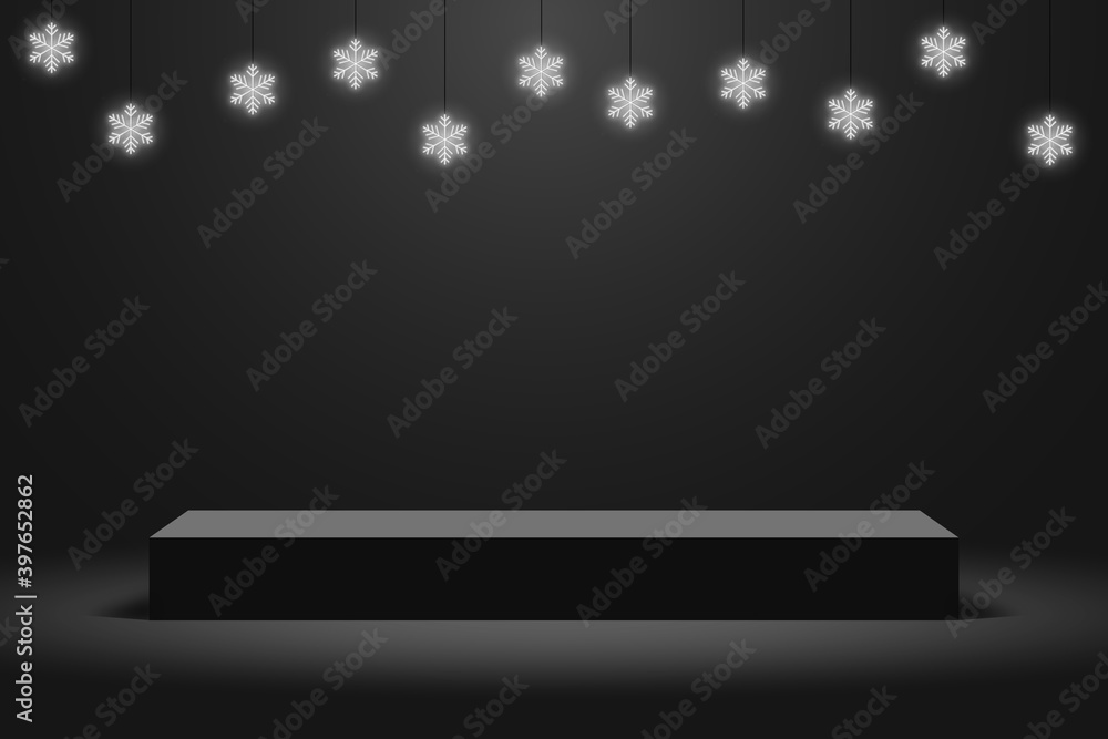 Poster Realistic dark platform with hanging glowing neon snowflakes, stage with empty pedestal. 3d podium for Christmas and New Year presentation. Vector.