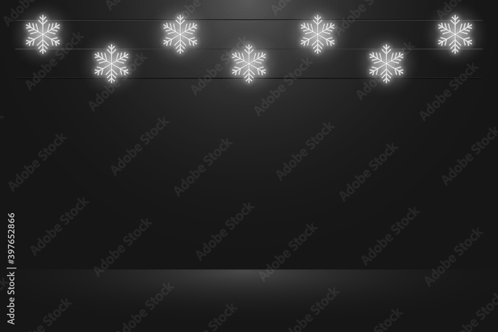 Leinwandbilder Black studio background with hanging glowing neon snowflakes. Realistic empty dark studio room. Background for Christmas and New Year presentation. Vector.