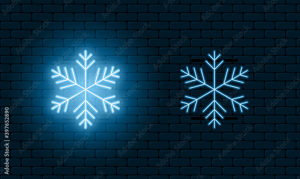 Poster neon light sign of snowflake. blue glowing neon snowflake with on and off version. snow icons. vecto