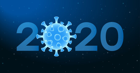 2020 New Year banner with virus cell of Coronavirus. Abstract illustration with 2020 number and COVID-19 bacteria on blue background. Vector.