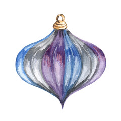 Watercolor illustration of Christmas tree toys on a white background