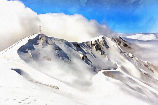 Beautiful winter mountain landscape with meteo station