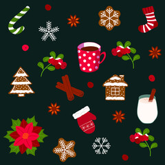Poinsettia cowberry with snow cup of tea cinnamon and  cookies eggnog socks flat christmas vector illustration