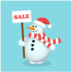 a merry snowman with striped scarf and new year's cap a sign with an advertisement for the new year sale