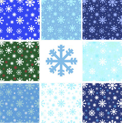 8 Snowflakes seamless patterns set on different backgrounds. Abstract wallpaper, wrapping decoration. 