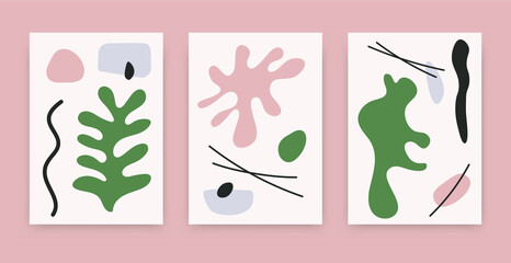Abstract art poster set. Contemporary matisse inspired organic shapes, floral collage, hand drawn wall decor. Vector illustration