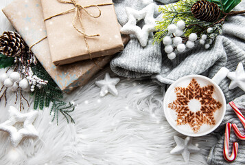 Fototapeta na wymiar Christmas or winter composition. Coffee and decorations.