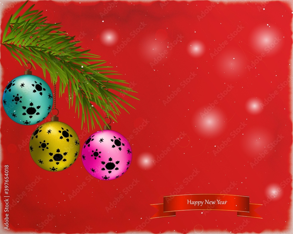 Poster christmas fir tree branches with balls decoration isolated on red background with copy space.