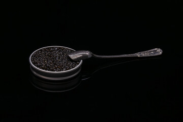 Caviar in a metal box with space to write