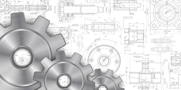 Engineer technician designing drawings.Metal gears .Technical drawing background .Rotating mechanism of round parts .Vector illustration.	