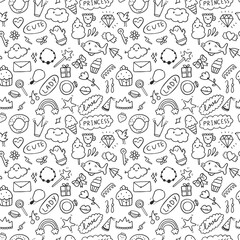 Vector seamless pattern set of pink doodle icons. Theme for cute girls, princess, sweets, decorations. All images are isolated. Suitable for backgrounds, wrapping paper.