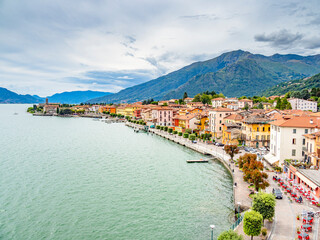 View of the lakefront of the town of Gravedona, on Lake Como