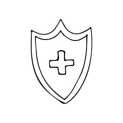 Hand drawn security icon with cross shield. Doodle security icon with cross and shield. Medical insurance icon with doodle shield and cross