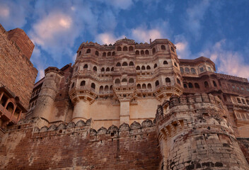 Famous Indian Mehrangarh Fort in Jodhpur, Rajasthan, India. Built in 1459, the fort is situated 125 m above the city