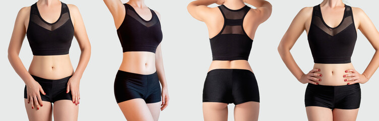 Woman sportswear. Clothing for branding. Fitness outfit showcase. Set of back front female model slim body wearing logo mockup black mesh crop top shorts isolated on neutral background.