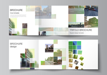 Vector layout of square format covers design templates for trifold brochure, flyer, cover design, book design, brochure cover. Abstract project with clipping mask green squares for your photo.