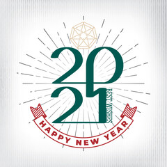 2021 Emblem Style Single Line Calligraphic Numerals Logo and Happy New Year with Best Wishes Greetings Lettering over Sunburst - Multicolor on White Background - Contrast Graphic Design
