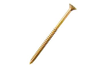 Golden screw isolated on white. Yellow self-tapping screw on white background