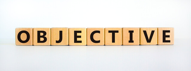 Objective symbol. Word 'objective' written on wooden blocks. Business and objective concept. Copy space. Beautiful white background.