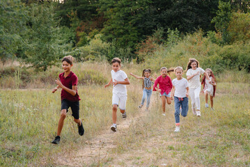 A group of happy children run and play in the Park during sunset. Summer children's camp