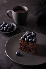 Chocolate cake with blueberries in a low key