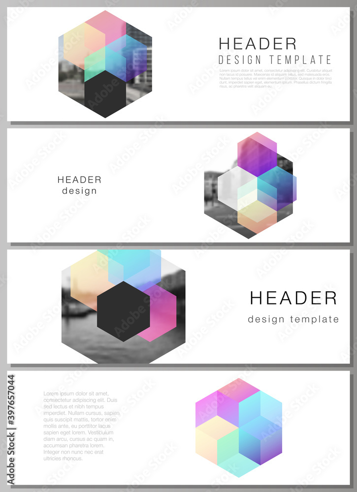 Poster vector layout of headers, banner design templates with colorful hexagons, geometric shapes, tech bac