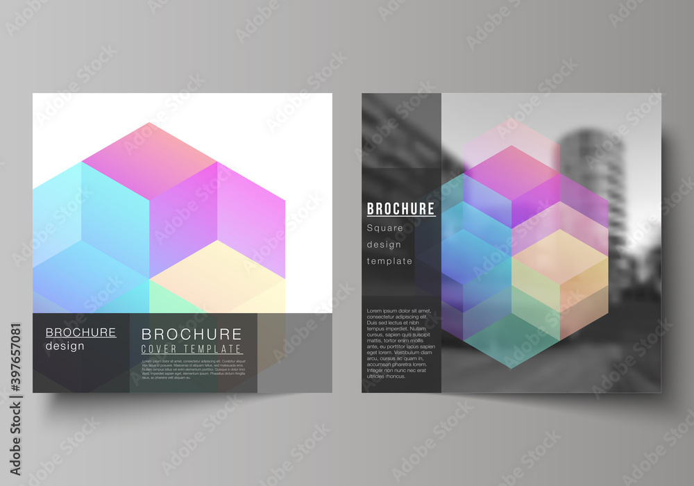 Poster vector layout of two square format covers design templates with abstract shapes and colors for broch