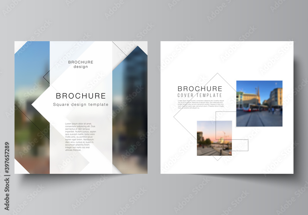 Poster vector layout of two square format covers design templates with geometric simple shapes, lines and p