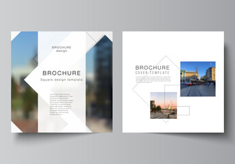 Vector layout of two square format covers design templates with geometric simple shapes, lines and photo place for brochure, flyer, magazine, cover design, book, brochure cover.