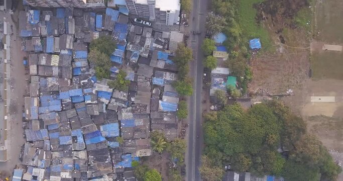 Crowded Settlements On Slum In Mumbai, India - Informal Housing - Poverty In India.  - aerial
